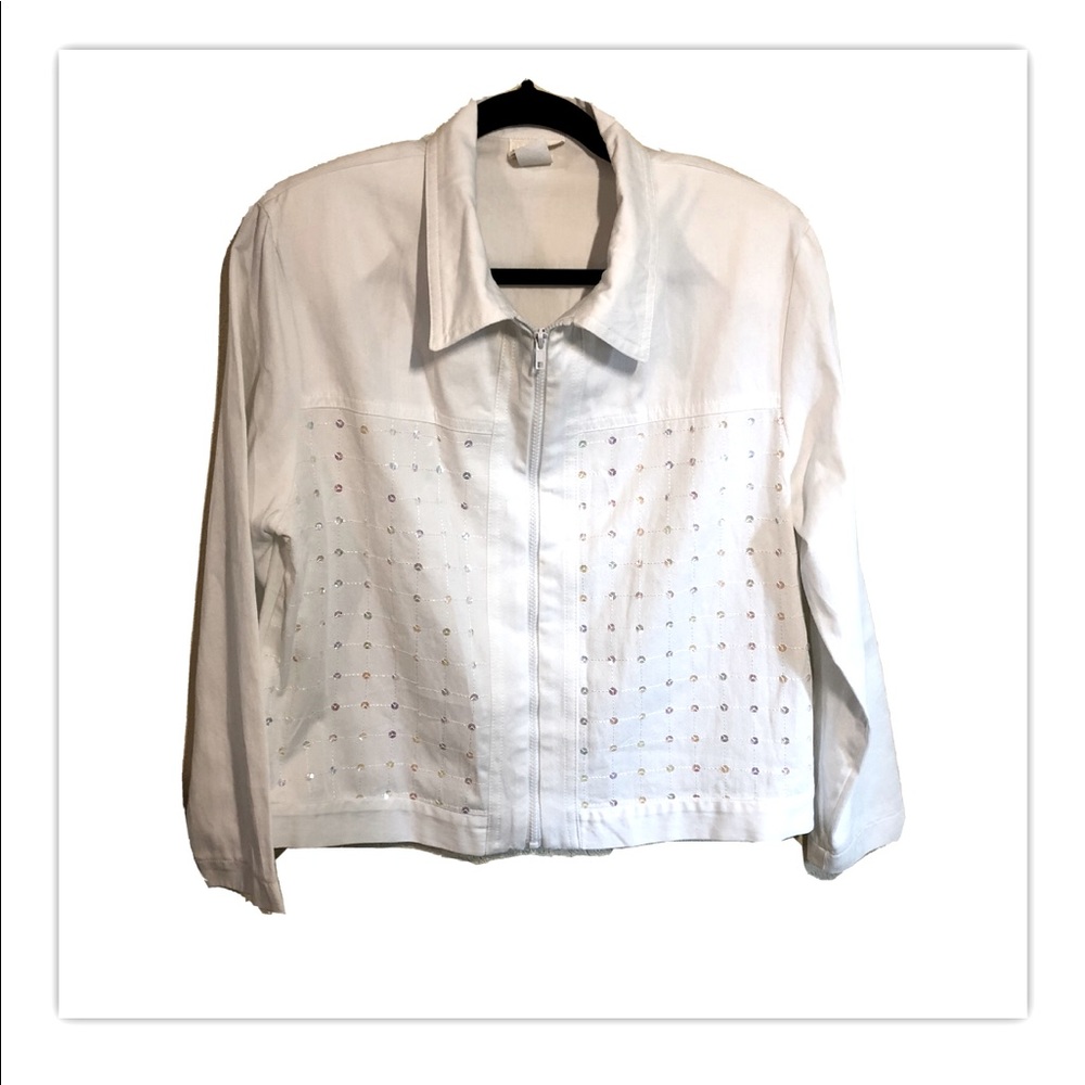 VINTAGE 80s Women’s RIO white Embellished Jacket Small- Zip front sparkle